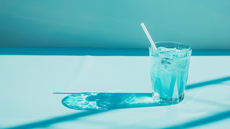 Cyan Summer Drink on a blue Background with Sunlight and Shadowsの素材