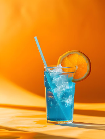 Cyan Summer Drink on an orange background with sunlight and shadowsの素材
