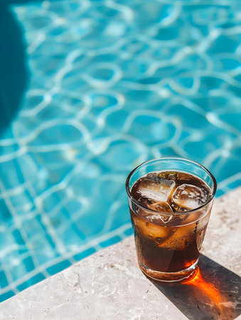 Top view of a dark brown drink by the poolside. Luxury Vacation Wallpapersの素材