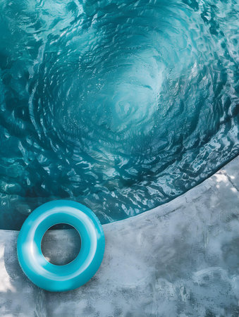 Top view of a cyan inflatable ring by the poolside. Colorful Summer Wallpapersの素材