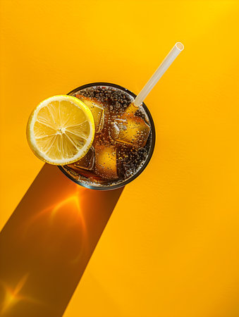 Dark Brown Summer Drink on an orange background with sunlight and shadowsの素材