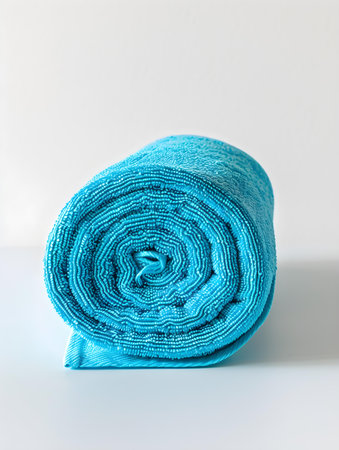 Rolled cyan towel on a white backgroundの素材