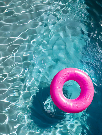 Top view of a fuchsia inflatable ring by the poolside. Colorful Summer Wallpapersの素材