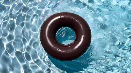 Top view of a dark brown inflatable ring floating on pool water. Colorful Summer Backgroundの素材