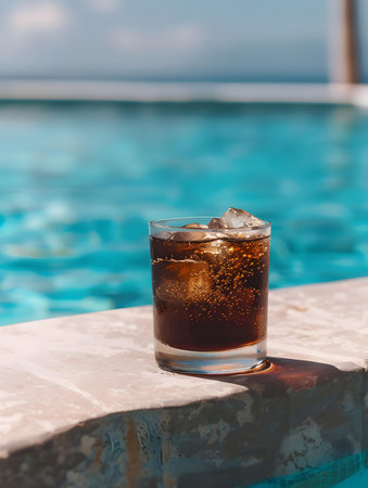 Close Up of a dark brown drink by the poolside. Luxury Vacation Wallpapersの素材