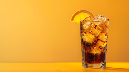 Dark Gold Summer Drink on an orange background with sunlight and shadowsの素材