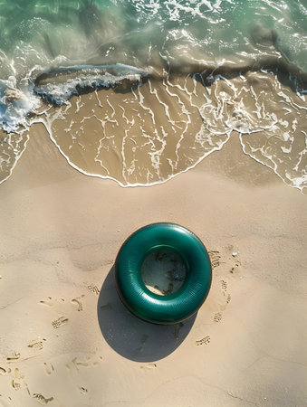 Top view of a dark green inflatable swimming ring on the beachの素材