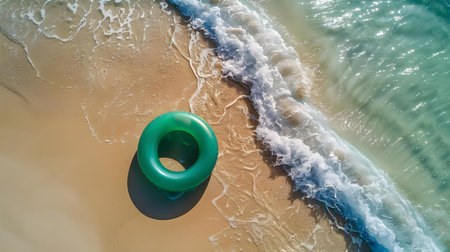 Top view of a green inflatable swimming ring on the beachの素材