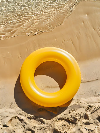 Top view of a light yellow inflatable swimming ring on the beachの素材