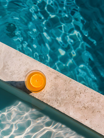 Top view of an orange drink by the poolside. Luxury Vacation Wallpapersの素材