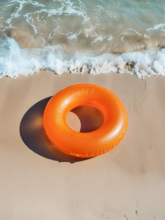 Top view of a light orange inflatable swimming ring on the beachの素材