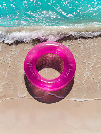 Top view of a fuchsia inflatable swimming ring on the beachの素材