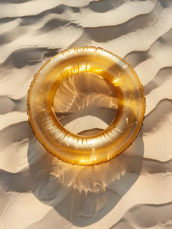 Top view of a gold inflatable swimming ring on the beachの素材