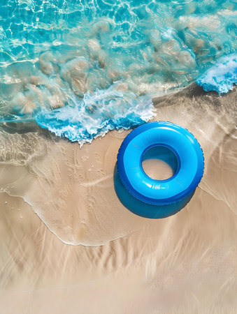 Top view of a blue inflatable swimming ring on the beachの素材
