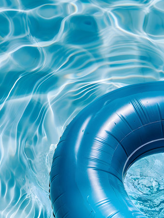 Close Up of a blue inflatable ring by the poolside. Colorful Summer Wallpapersの素材