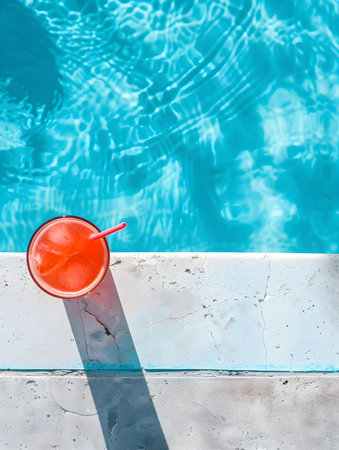 Top view of a red drink by the poolside. Luxury Vacation Wallpapersの素材