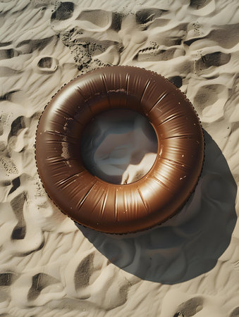 Top view of a dark brown inflatable swimming ring on the beachの素材