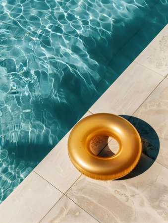 Close Up of a gold inflatable ring by the poolside. Colorful Summer Wallpapersの素材