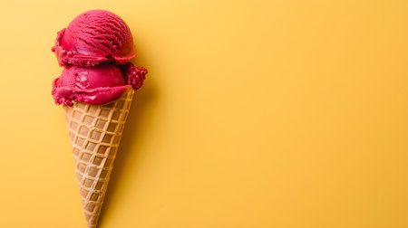 Dark Red Ice Cream Cone on a yellow background with copy spaceの素材