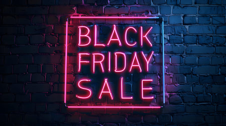 Red Neon 'BLACK FRIDAY SALE' Sign on a Brick Wallの素材