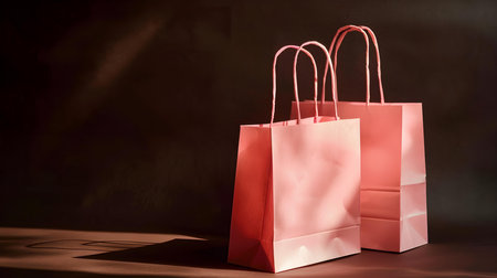 Pink shopping bag on a dark background with copy spaceの素材