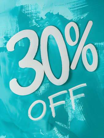 White '30% OFF' Promotional Sign on a Turquoise Backgroundの素材