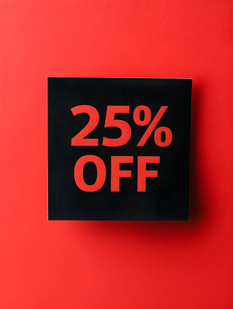 Black '25% OFF' Promotional Sign on a Red Backgroundの素材