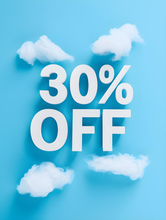 White '30% OFF' Promotional Sign on a Sky Blue Backgroundの素材