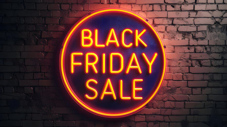 Yellow Neon 'BLACK FRIDAY SALE' Sign on a Brick Wallの素材