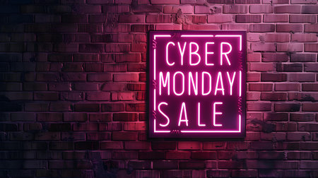 Pink Neon 'CYBER MONDAY SALE' Sign on a Brick Wallの素材
