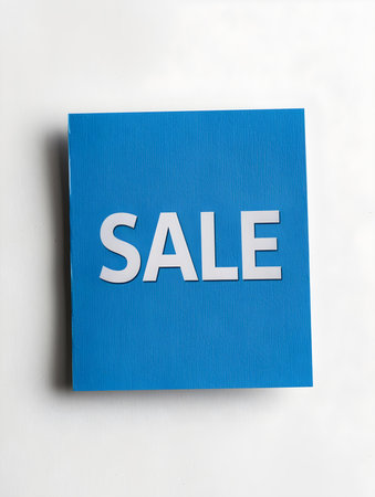 White 'SALE' Text on a Blue Square Paper Note. White Backgroundの素材