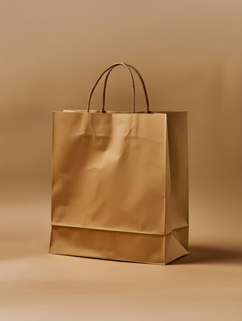 Beige shopping bag on a beige backgroundの素材