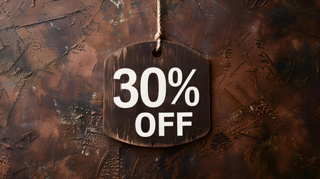 White '30% OFF' Promotional Sign on a Dark Brown Background with Copy Spaceの素材