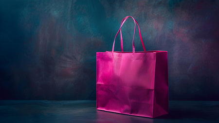 Fuchsia shopping bag on a dark background with copy spaceの素材