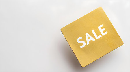 White 'SALE' Text on a Gold Square Paper Note. White background with copy spaceの素材