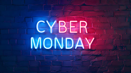 Multicolor Neon 'CYBER MONDAY' Sign on a Brick Wallの素材