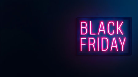 Pink 'BLACK FRIDAY' neon sign on an elegant dark backgroundの素材