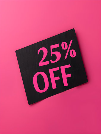 Black '25% OFF' Promotional Sign on a Pink Backgroundの素材
