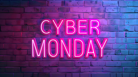 Pink Neon 'CYBER MONDAY' Sign on a Brick Wallの素材