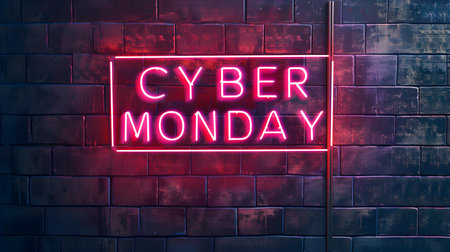Red Neon 'CYBER MONDAY' Sign on a Brick Wallの素材