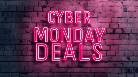 Red Neon 'CYBER MONDAY DEALS' Sign on a Brick Wallの素材
