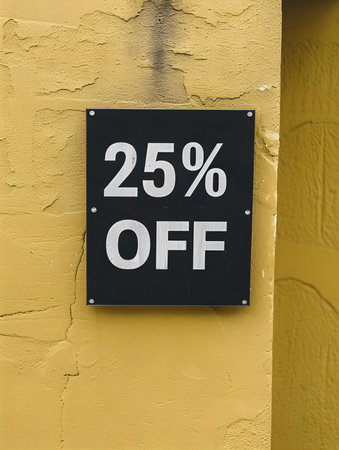 Black '25% OFF' Promotional Sign on a Yellow Backgroundの素材
