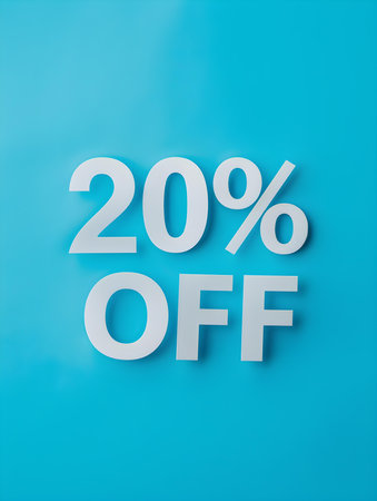 White '20% OFF' Promotional Sign on a Cyan Backgroundの素材