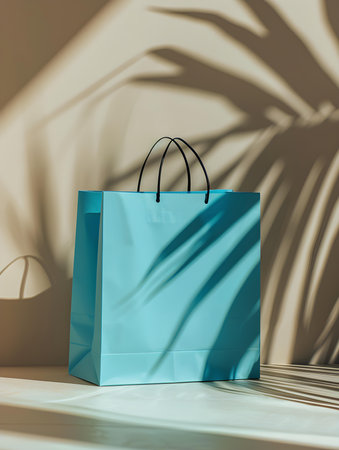 Blue shopping bag on a light background with sunlight and shadowsの素材