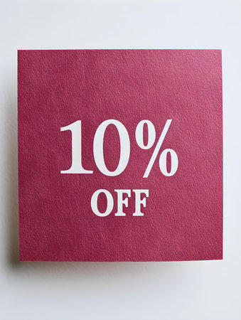 White '10% OFF' Text on a Burgundy Square Paper Note. White Backgroundの素材