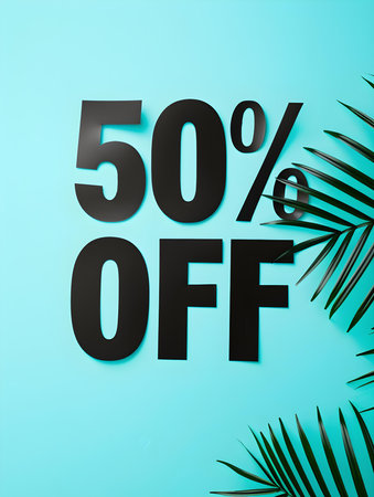 Black '50% OFF' Promotional Sign on a Cyan Backgroundの素材