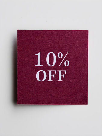 White '10% OFF' Text on a Burgundy Square Paper Note. White Backgroundの素材