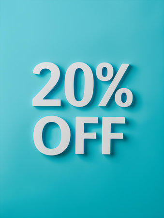 White '20% OFF' Promotional Sign on a Cyan Backgroundの素材
