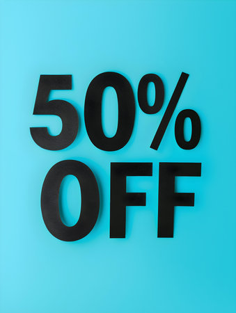 Black '50% OFF' Promotional Sign on a Cyan Backgroundの素材
