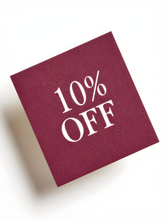 White '10% OFF' Text on a Burgundy Square Paper Note. White Backgroundの素材